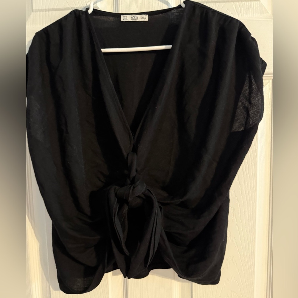 Zara Black Tie-Front Cap Sleeve Top – Size S